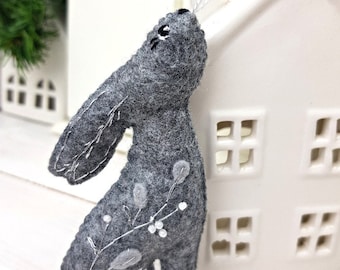Moon Gazing Hare Felt Hanging Decoration, Winter Hare Ornament, Christmas Tree Decoration, Hand Embroidered Folk Art Wool Felt Festive Gift