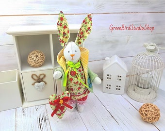 Easter Bunny Cloth Doll, Sweet Bunny Rag Doll with Floral Heart, Soft Rabbit, 100% Cotton Fabric Doll,  Stuffed Bunny Doll, Kids Easter Gift