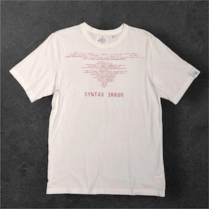 May include: A white short-sleeve t-shirt featuring a dark red graphic print of computer code arranged in a triangular shape on the chest. Below the code, the text 5YNT4X 3RROR is printed in red. The shirt has a crew neckline and a small logo tag.