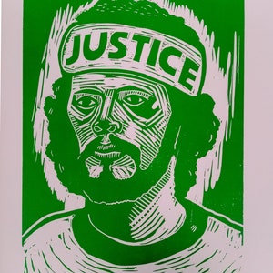 Brazilian Footballer Scorates Linocut Portrait Green
