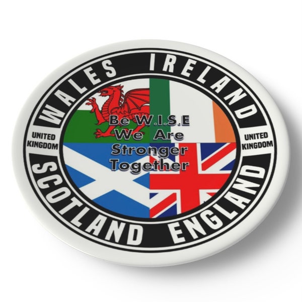 Plato de porcelana china de 6,5" del Reino Unido de Gales, Irlanda, Escocia e Inglaterra (W.I.S.E) - Viene con soporte