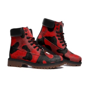 Red Camouflage Vegan Faux Leather Lightweight Boots With Padded Collar For Added Comfort