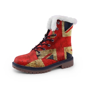 Vintage Union Jack-vlag, veters, met bont gevoerd, uniseks, kunstleer, modieus, comfortabel, lichtgewicht laarzen