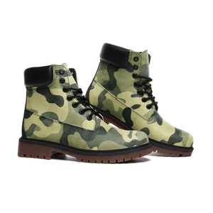 Green Camouflage Vegan Faux Leather Lightweight Boots With Padded Collar For Added Comfort