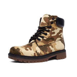 Brown Camouflage Vegan Faux Leather Lightweight Boots With Padded Collar For Added Comfort