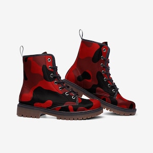 Red Camouflage Vegan Faux Leather Lightweight Unisex Boots
