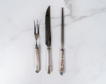 Set of Vintage Rustic Antique Tarnished Silverplate Carving Set Silverware-Food Photography Props Food Styling Prop Styling