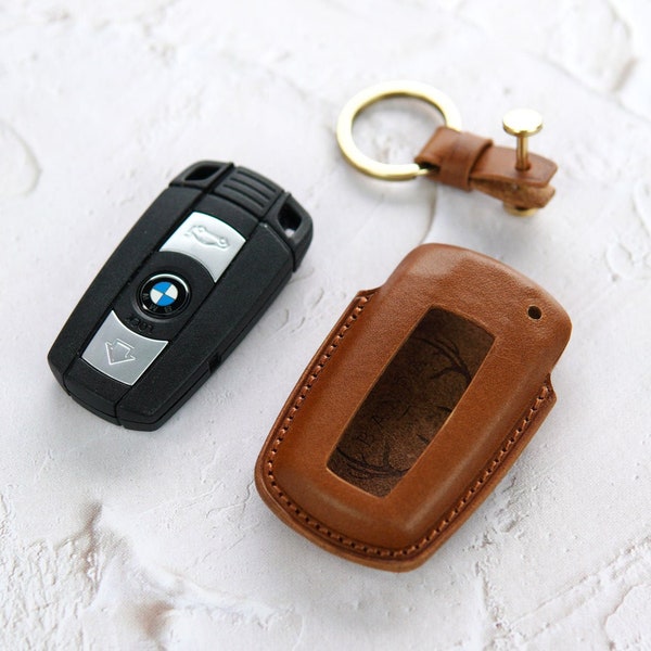 BMW Leather Key Fob Cover, Car Key Holder, Brass Detail