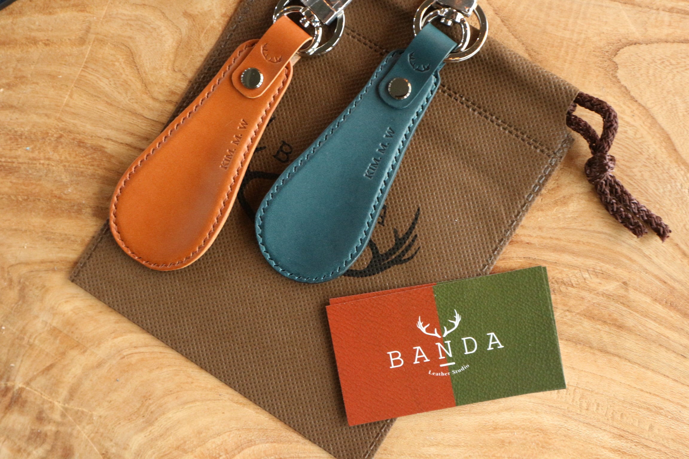 Personalized Leather Shoehorn Keyring, Handmade Mini Shoe Horn