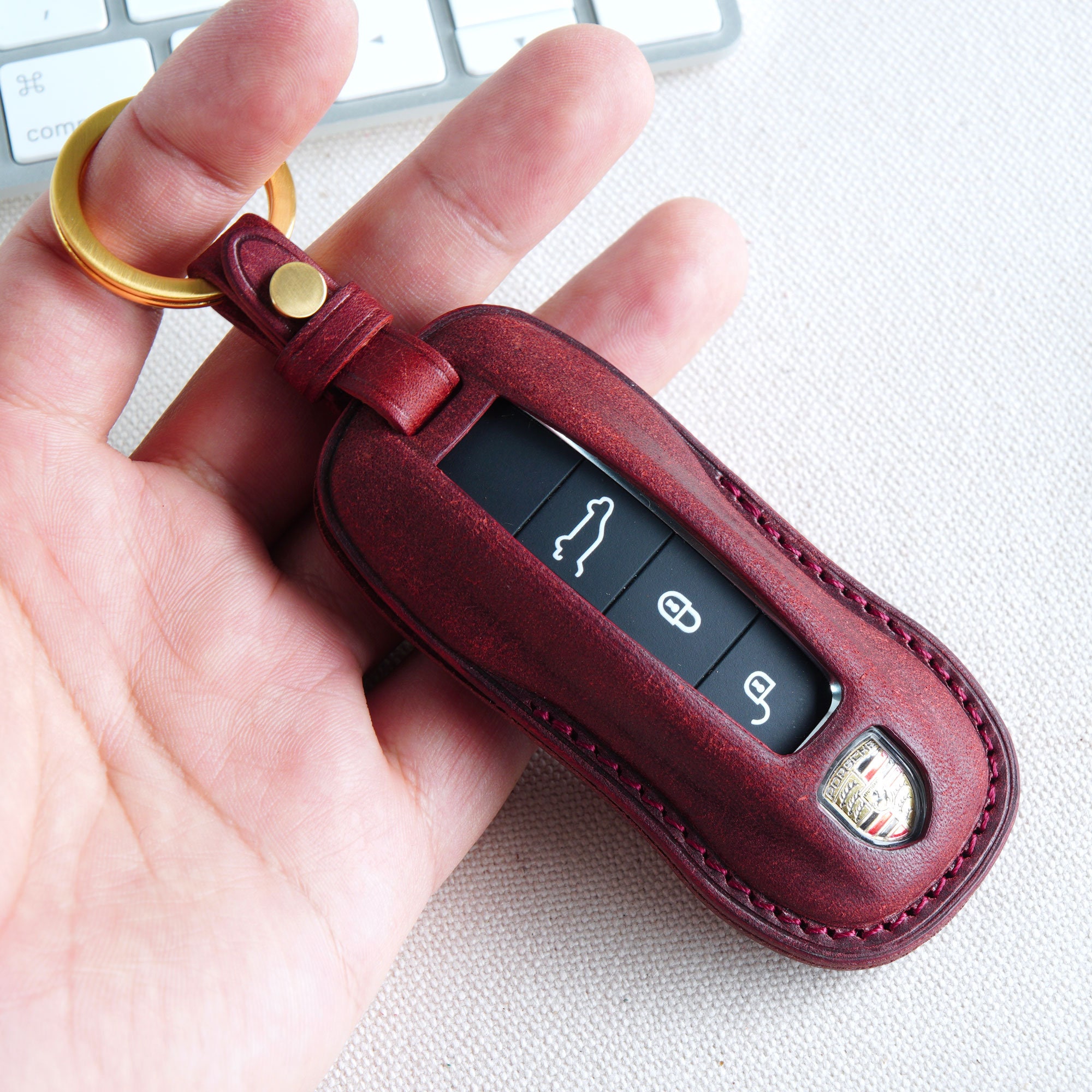 Handmade Porsche Car Key Case, Leather Car Key Fob Cover Handmade Porsche Car Key Case, Leather Car Key Fob Cover