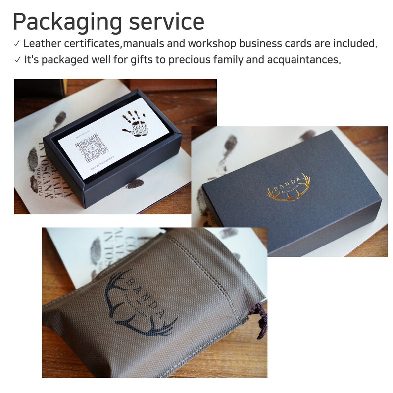 May include: A brown leather pouch with a gold logo that says "BANDA" and a stylized deer antler design. The pouch is sitting on a wooden surface.