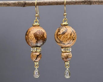 Large Jasper Drop Earrings: Gold Plated, Handmade Statement Jewelry
