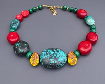Chunky Swarovski Crystal Turquoise Necklace, Malachite Coral Gemstone Statement Necklace