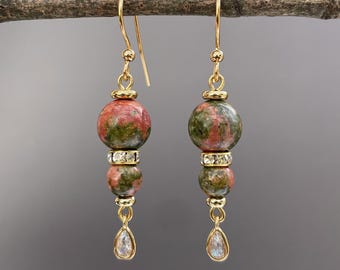 Unakite Jasper Dangle Earrings: Gold-Plated Brass Hooks