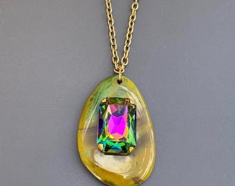 Large Multicolor Swarovski Crystal and Agate Pendant Necklace on Gold Plated Chain, one-of-a-kind necklace