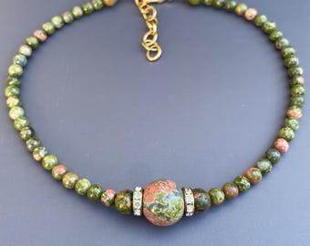 Olive green choker necklace, unakite choker, minimalist gemstone chocker, NYC jewelry, gifts for her