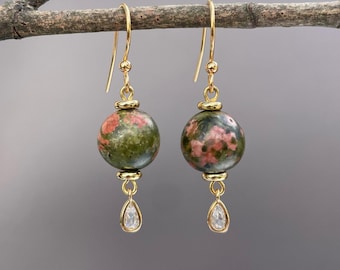 Unakite Jasper Dangle Earrings: Gold-Plated Brass, Crystal Drop