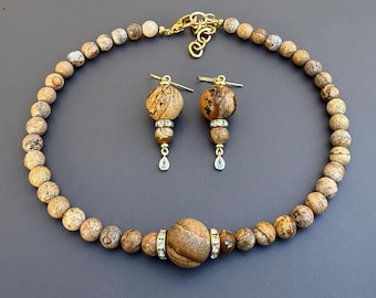 Beige Jasper Chocker and Earrings Set