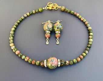 Unakite Jasper Necklace and Earrings Set