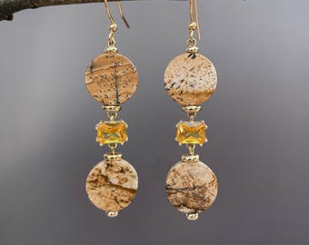 Picture Jasper Dangle Earrings: Geometric Gold-Plated Brass