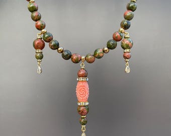 Olive Green Jasper & Resin Coral Necklace: New York Style Dangle