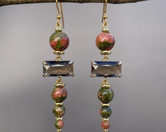 Unakite Jasper Dangle Earrings: Modern Geometric Gold-Plated Brass