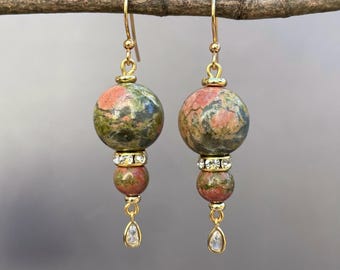Dangling Unakite Gemstone Earrings: Gold-Plated Brass Hooks