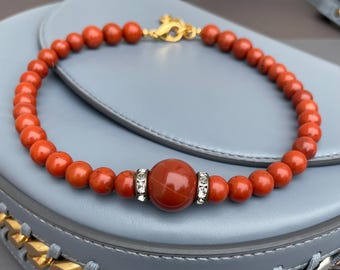 Red Jasper Choker: Minimalist Gemstone Necklace, Rhinestone Detail