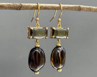 Smoky Quartz Drop Earrings, Black Earrings, Clear Transparent Earrings, Geometric Earrings, Tear Drop Earrings