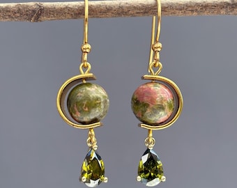 Olive Green Unakite Sphere Earrings, Geometric Gold Plated Jewelry