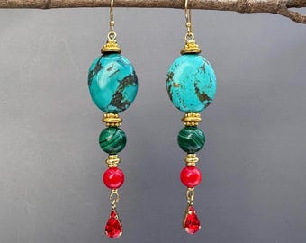 Swarovski Turquoise Gemstone Earrings, Malachite Coral Dangle Earrings