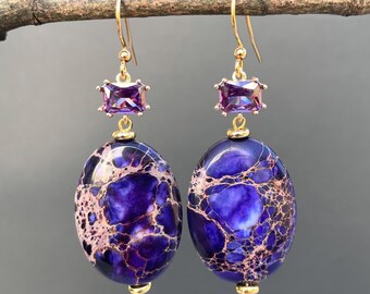 Purple Jasper Dangle Earrings: Gold Plated Celestial Jewelry
