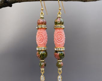 Unakite Jasper Earrings: Carved Coral, Gold-Plated Hooks