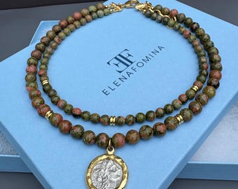 Greek coin gemstone pendant necklace, Goddess coin necklace, layered gemstone necklace, gold and silver necklace, gifts for her