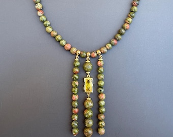 Olive-Green Unakite Necklace, Dali clock jewelry, artistic necklace, necklace with dangles