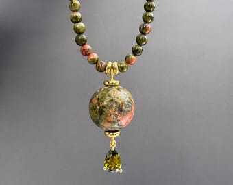 Olive-Green Drop Necklace, monochrome necklace, crystal necklace