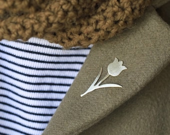 Hand-Cut Brass Tulip Brooch, Artisan Crafted Lapel Pin