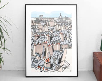 Poster poster graphic design architecture illustration The roofs of Paris rooftops