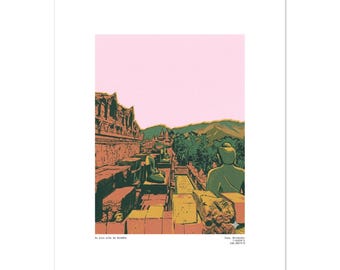 Ilustración de Borobudur, Java, Indonesia - Póster clásico en papel mate
