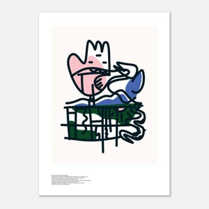 Puede incluir: Impresión artística abstracta que presenta una figura rosa con forma de mano con una corona, sosteniendo un objeto azul y blanco. La obra de arte incluye líneas verdes, azules y negras sobre un fondo blanco. La impresión tiene un estilo minimalista.