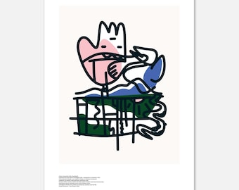 May include: Abstract art print featuring a pink hand-like figure with a crown, holding a blue and white object. The artwork includes green, blue, and black lines on a white background. The print has a minimalist style.