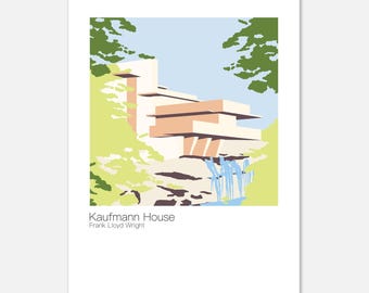 Impresión artística minimalista: Fallingwater de Frank Lloyd Wright - Póster giclée colorido