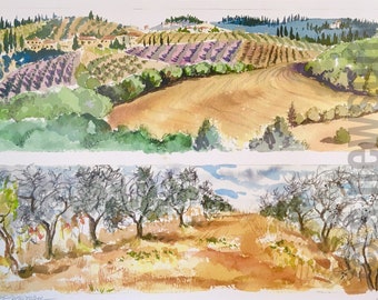 Tuscan Landscape/Italian Landscape//MATTED PRINT/Watercolor Painting