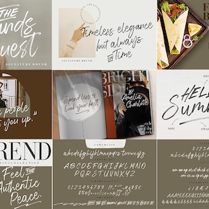 May include: A collection of font samples showcasing a handwritten script font style. The font is displayed in various sizes and styles, including uppercase and lowercase letters, numbers, and punctuation. The font is also shown in different colours, including black, white, and grey.