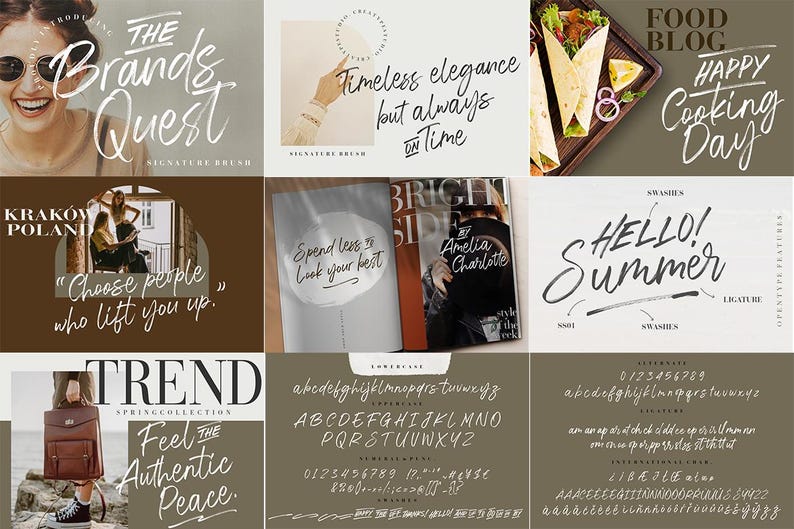 May include: A collection of font samples showcasing a handwritten script font style. The font is displayed in various sizes and styles, including uppercase and lowercase letters, numbers, and punctuation. The font is also shown in different colours, including black, white, and grey.
