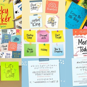 May include: A collection of colourful sticky notes with handwritten text in a playful font. The notes feature phrases like "Good Ideas", "Meeting Today", "Life is an Adventure", and "Let's get lost!" The font is called "Sticky Marker" and is available for download.