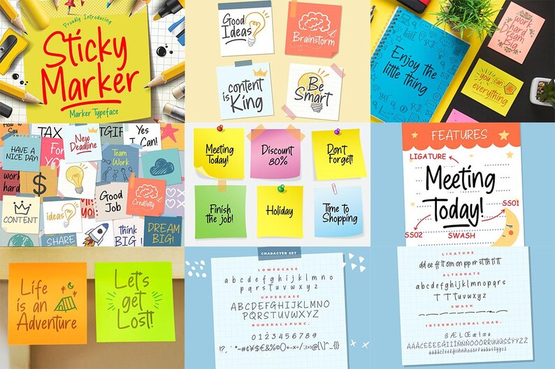 May include: A collection of colourful sticky notes with handwritten text in a playful font. The notes feature phrases like "Good Ideas", "Meeting Today", "Life is an Adventure", and "Let's get lost!" The font is called "Sticky Marker" and is available for download.