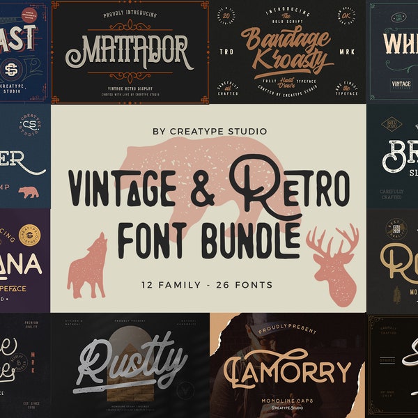 Vintage & Retro Font Bundle For Vintage style, Retro style, Procreate, Canva Fonts, Templett, Corjl, Silhouette, Cricut, Logo or Branding