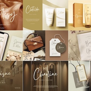 May include: A collection of images showcasing various handwritten fonts. The images feature different styles and applications of the fonts, including product labels, packaging, and social media graphics. The fonts are elegant and modern, with a flowing script style.