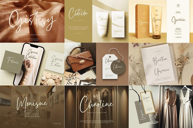 May include: A collection of images showcasing various handwritten fonts. The images feature different styles and applications of the fonts, including product labels, packaging, and social media graphics. The fonts are elegant and modern, with a flowing script style.